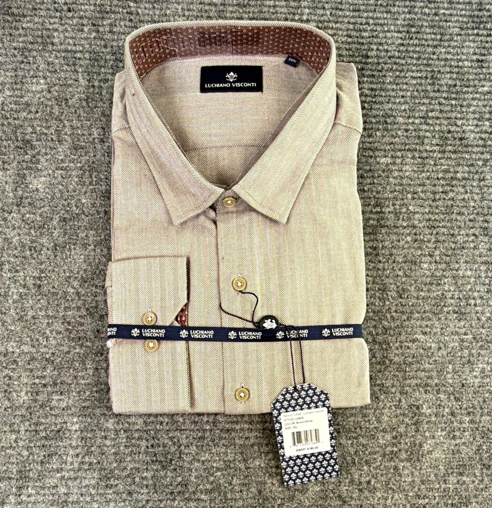 Luchiano Visconti Herringbone Regular Fit Dress Shirt Brown/White 3XL LV4929